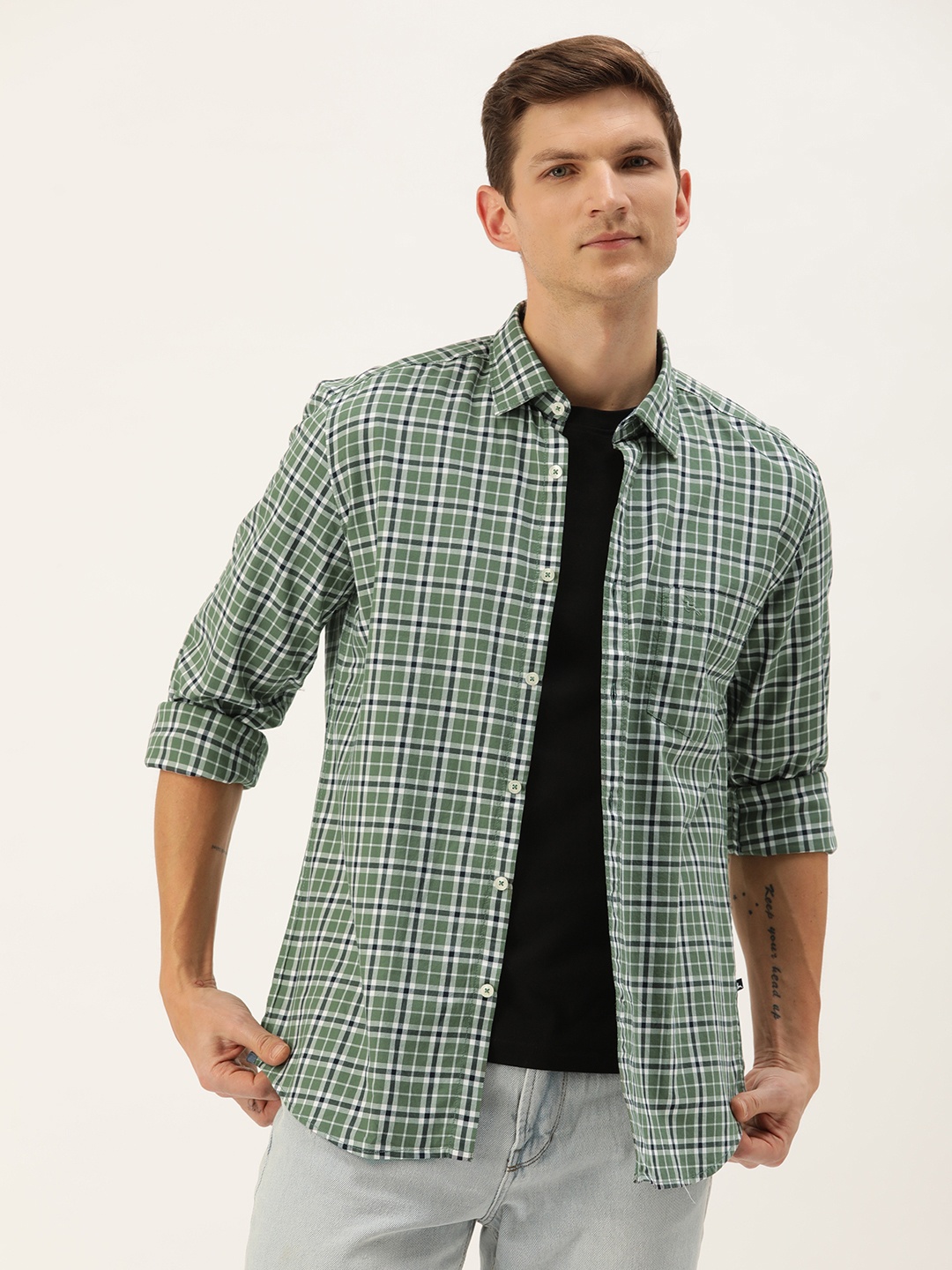 

Parx Slim Fit Checked Pure Cotton Casual Shirt, Olive