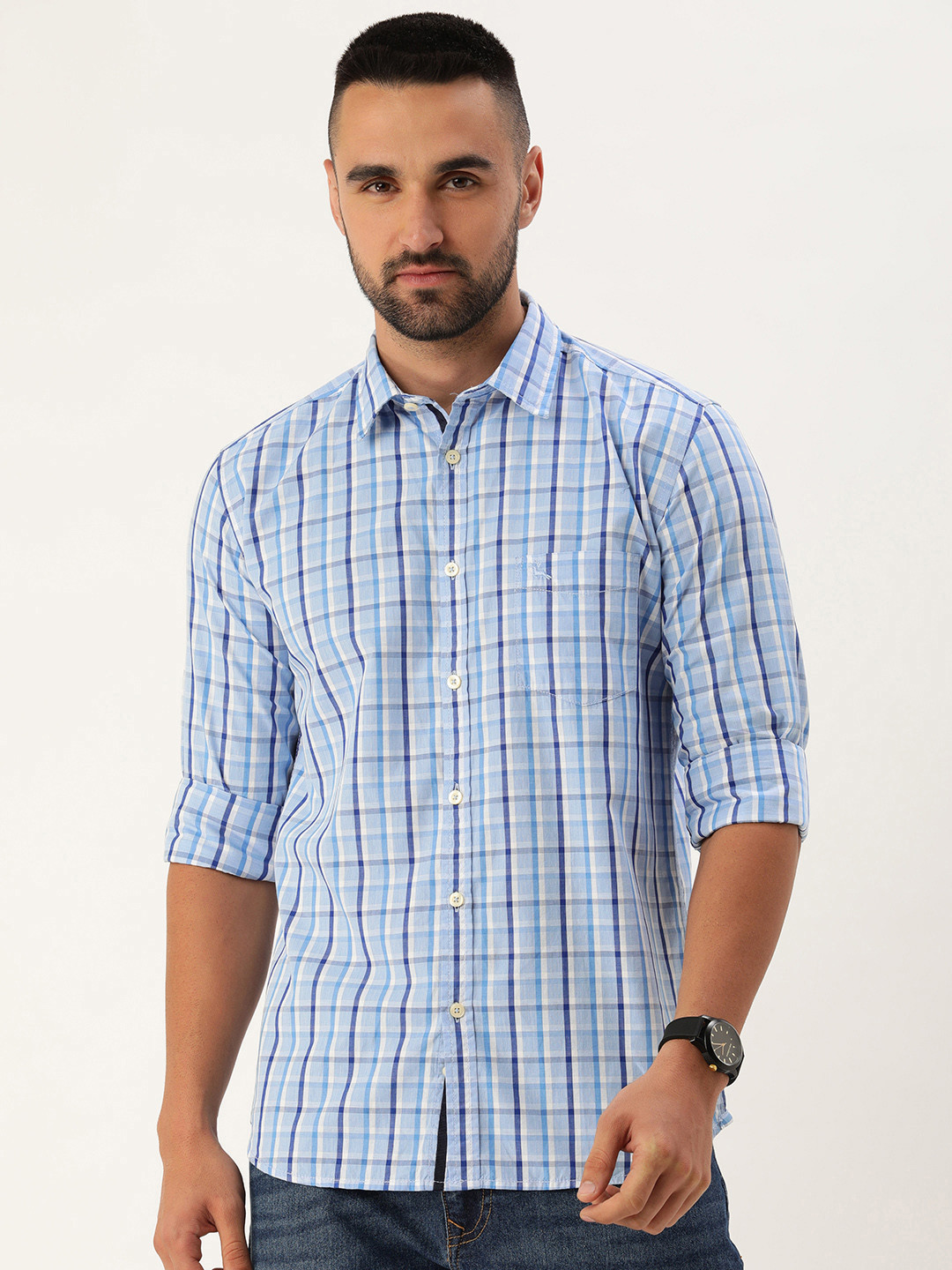 

Parx Men Slim Fit Tartan Checks Pure Cotton Casual Shirt, Blue