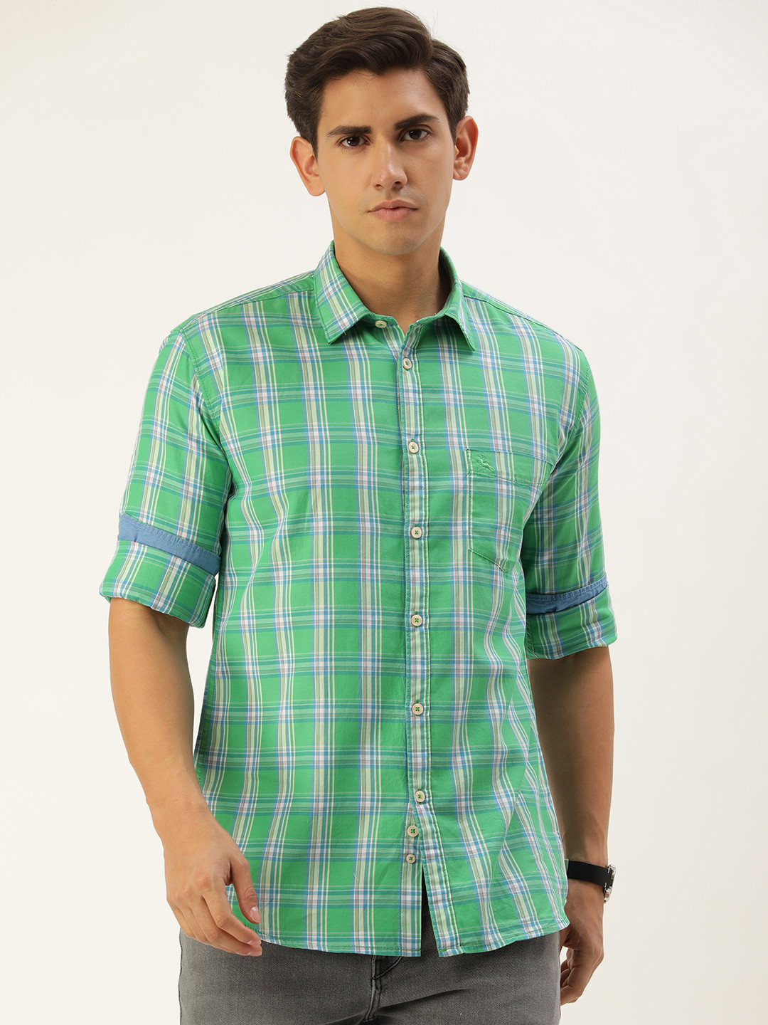

Parx Men Slim Fit Tartan Checks Pure Cotton Casual Shirt, Green