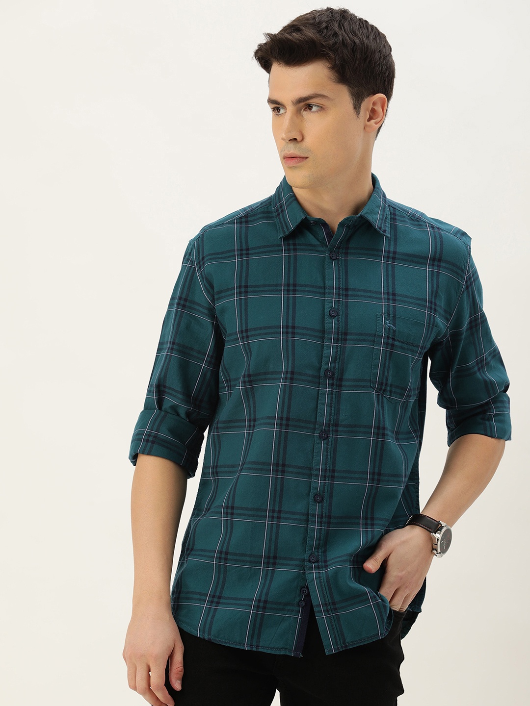 

Parx Slim Fit Tartan Checks Opaque Pure Cotton Casual Shirt, Teal
