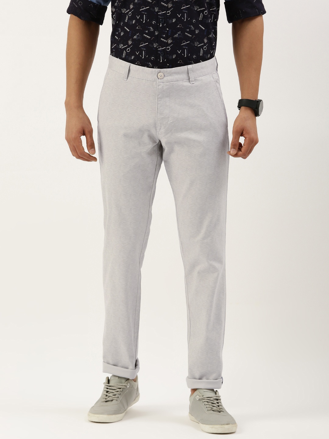 

Parx Men Flat Front Tapered Fit Low-Rise Casual Trousers, Cream