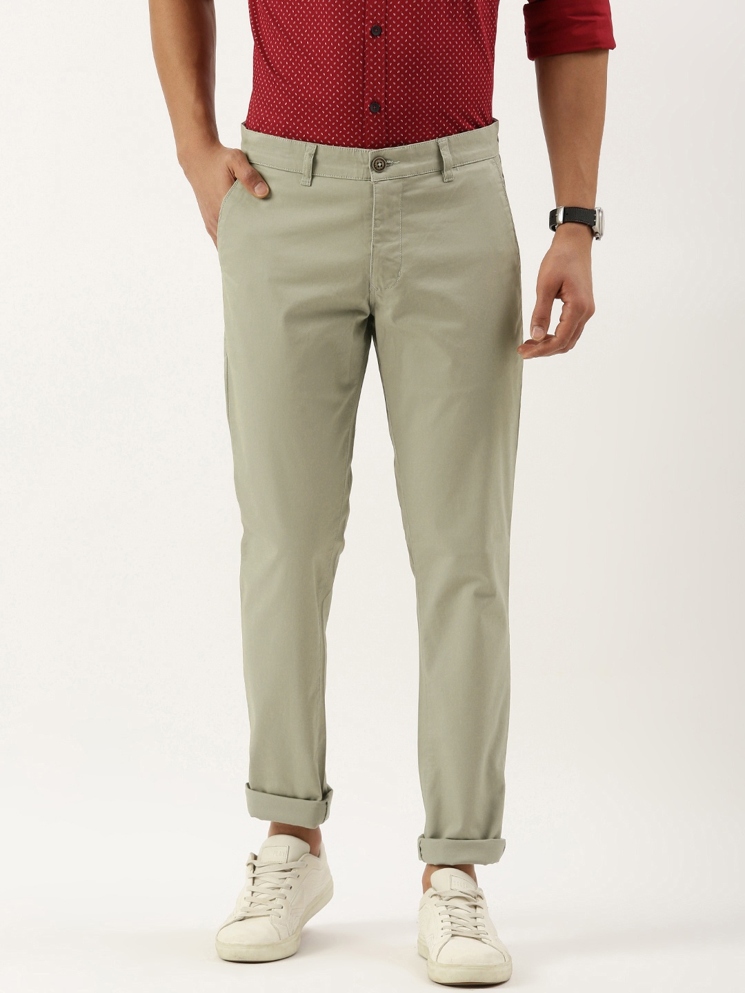 

Parx Men Tapered Fit Low-Rise Trousers, Green