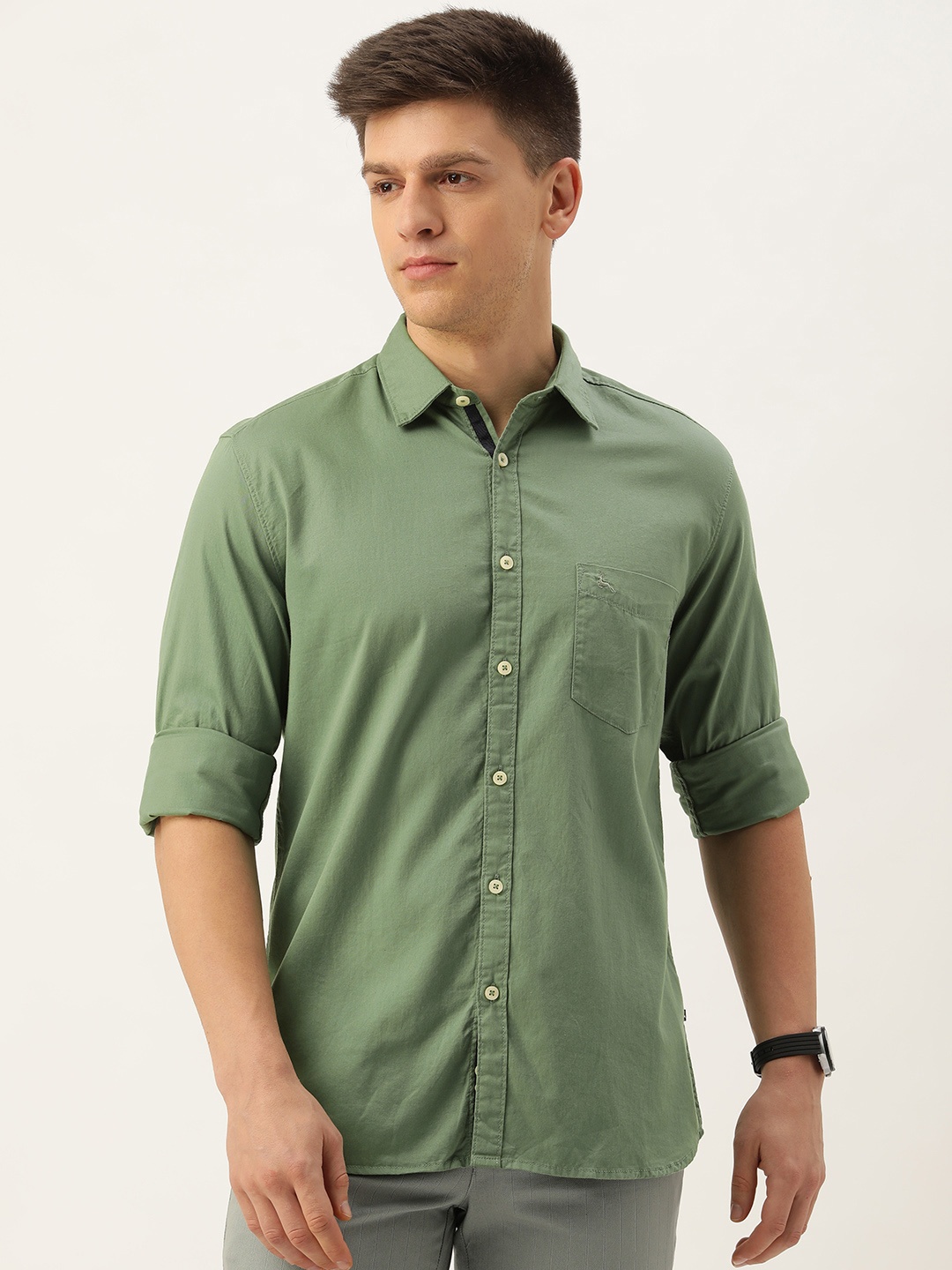 

Parx Solid Slim Fit Pure Cotton Casual Shirt, Olive