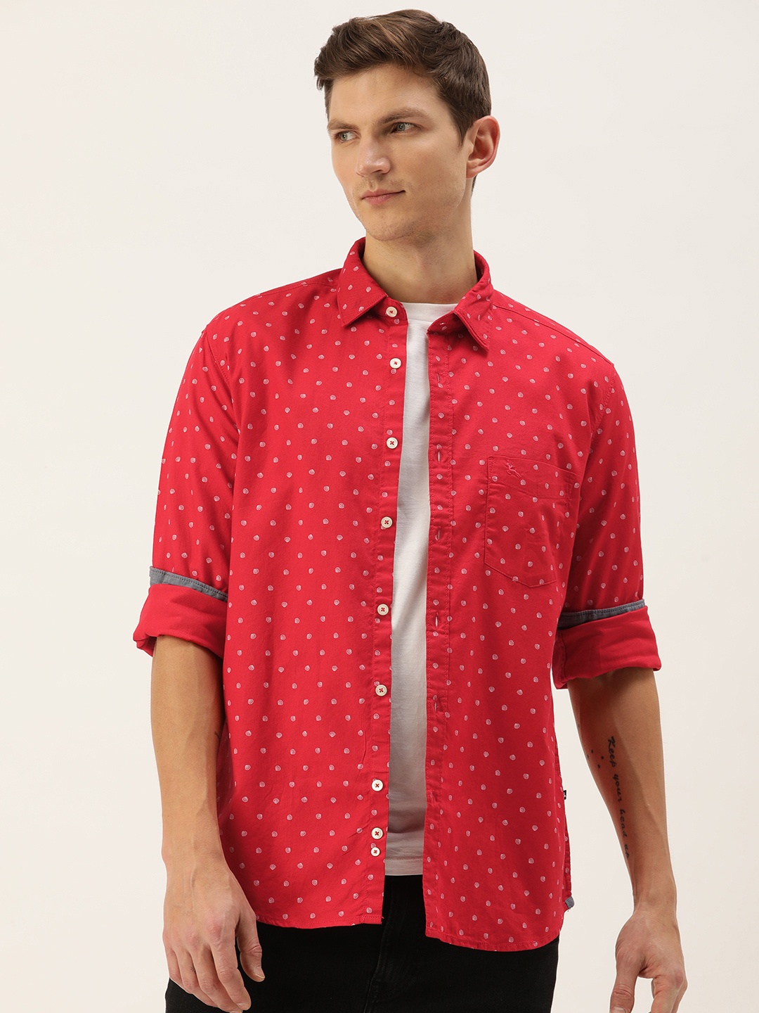 

Parx Pure Cotton Slim Fit Conversational Printed Casual Shirt, Red