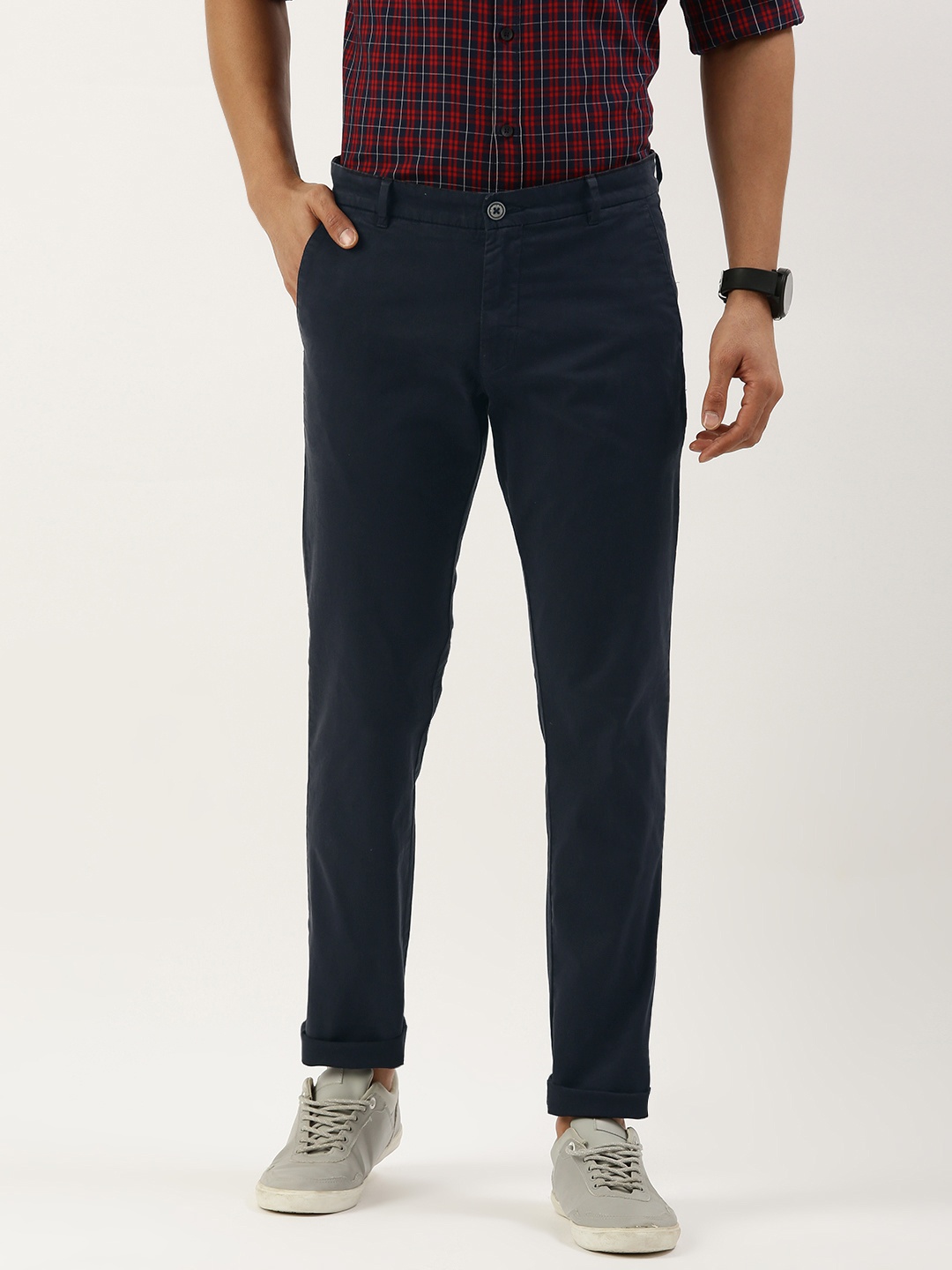 

Parx Men Navy Flat Front Tapered Fit Low-Rise Trousers, Navy blue