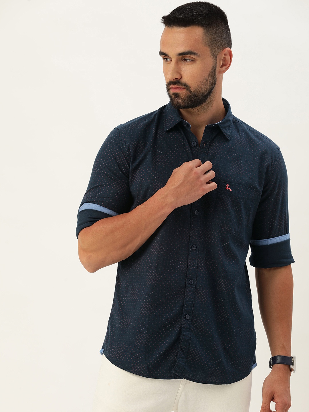 

Parx Slim Fit Opaque Geometric Printed Pure Cotton Casual Shirt, Navy blue