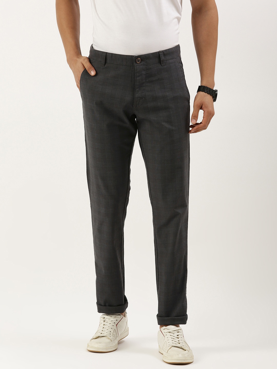 

Parx Men Checked Tapered Fit Low-Rise Trousers, Grey