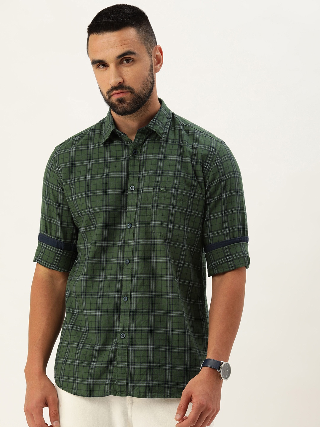 

Parx Slim Fit Opaque Checked Pure Cotton Casual Shirt, Green