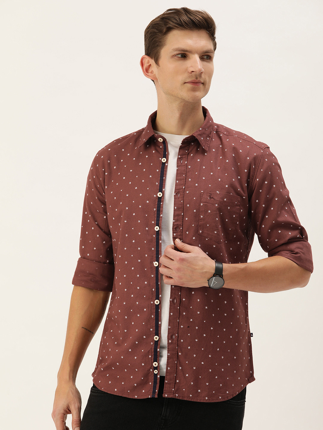 

Parx Pure Cotton Slim Fit Floral Printed Casual Shirt, Brown