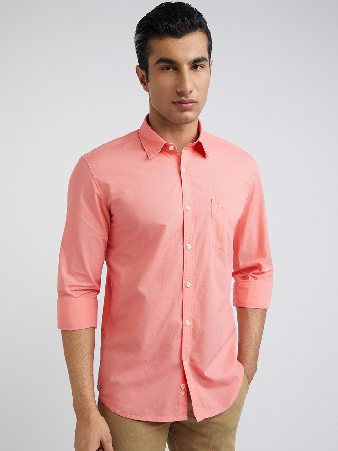 

Parx Pure Cotton Slim Fit Opaque Casual Shirt, Coral