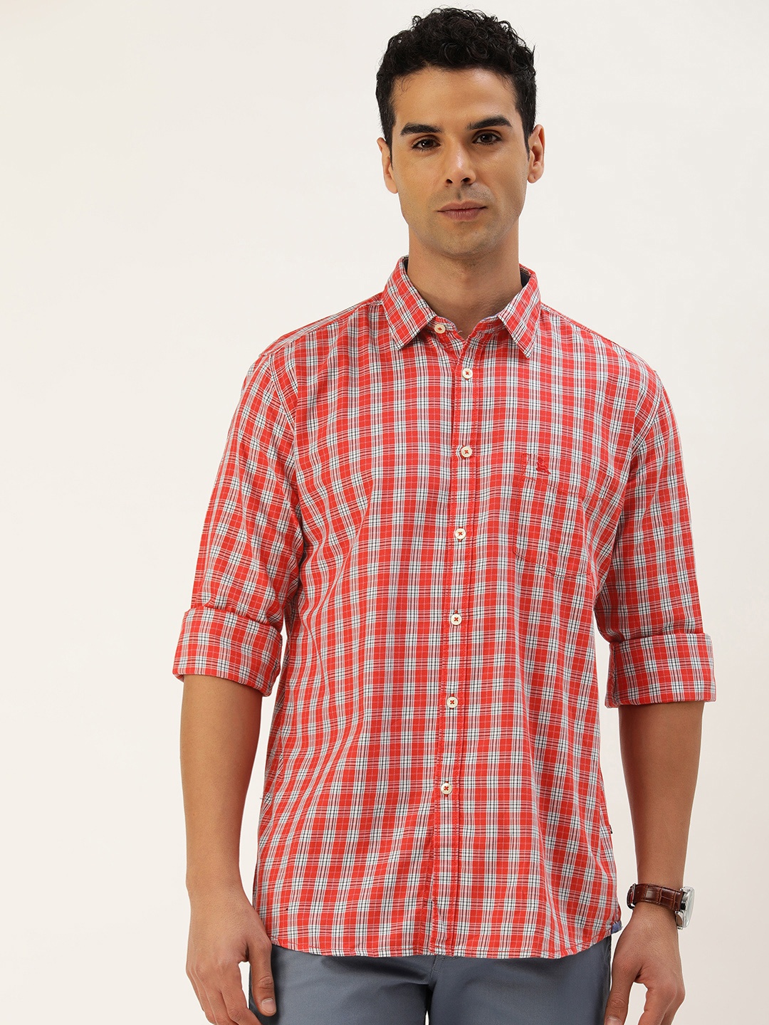 

Parx Pure Cotton Slim Fit Checked Casual Shirt, Red