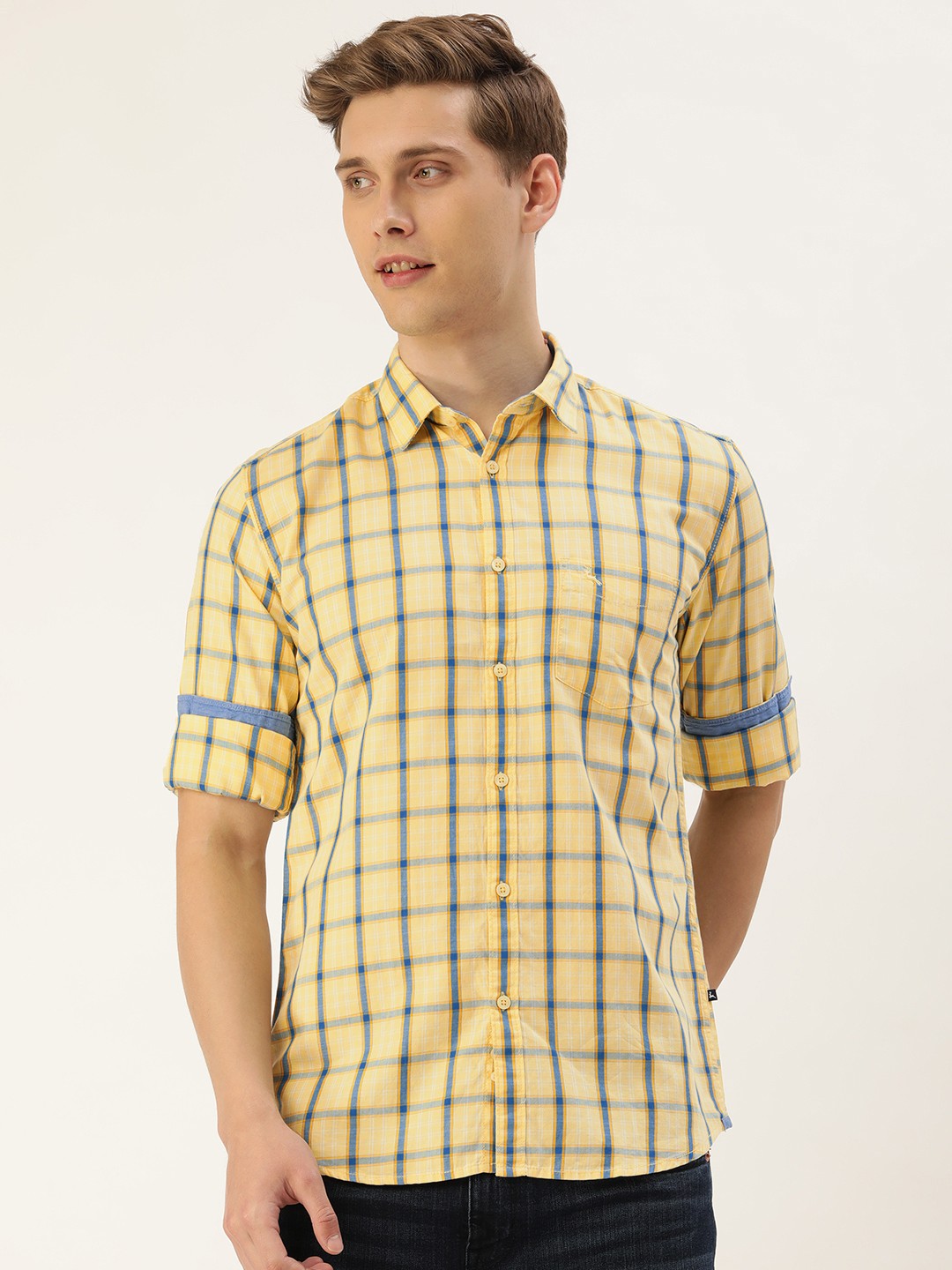 

Parx Men Slim Fit Tartan Checks Pure Cotton Casual Shirt, Yellow