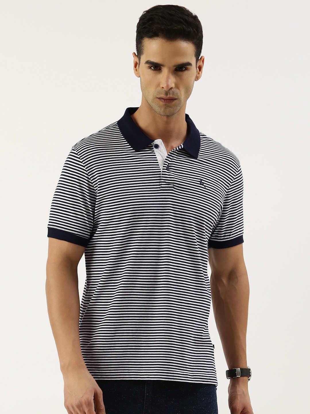 

Parx Striped Polo Collar Pure Cotton T-shirt, Navy blue