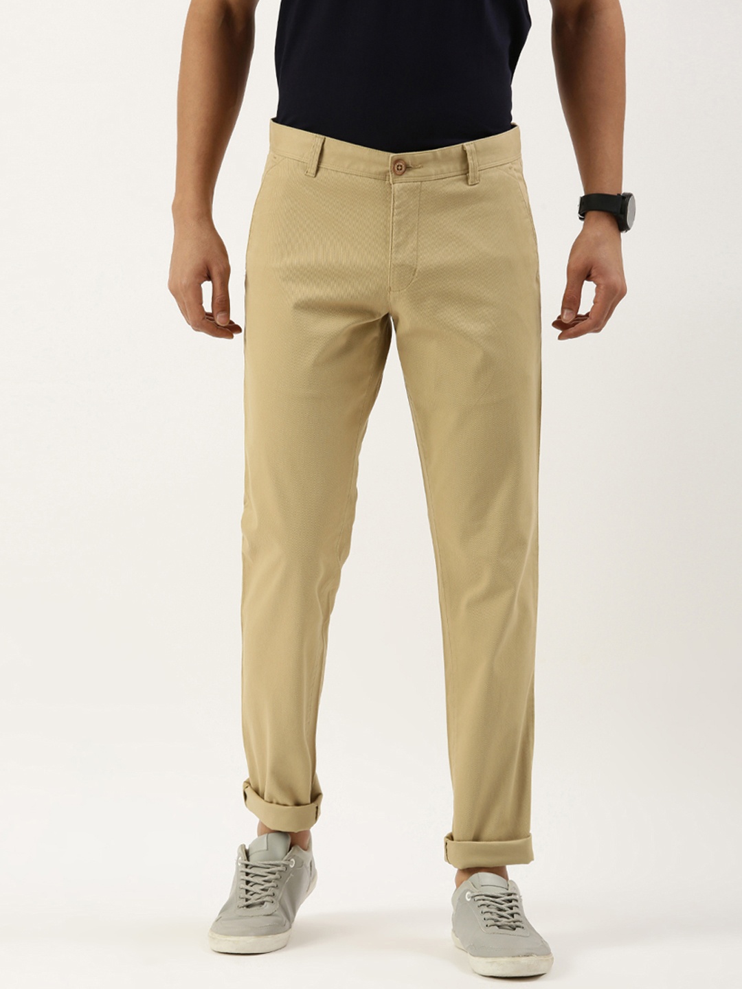 

Parx Men Textured Tapered Fit Low-Rise Regular Trousers, Beige