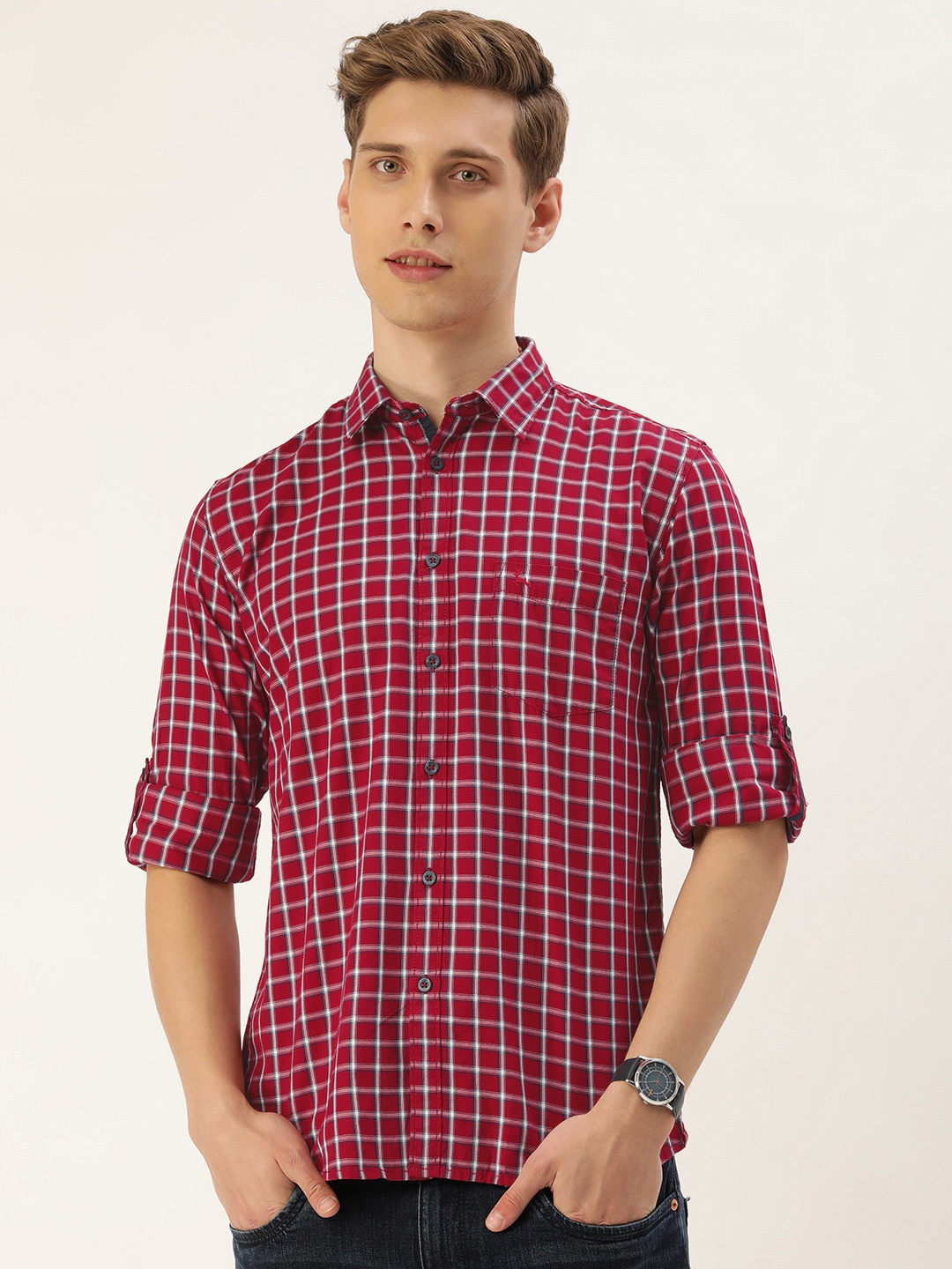 

Parx Men Slim Fit Tartan Checks Pure Cotton Casual Shirt, Red