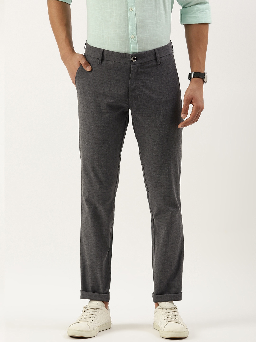 

Parx Men Checked Tapered Fit Low-Rise Trousers, Grey