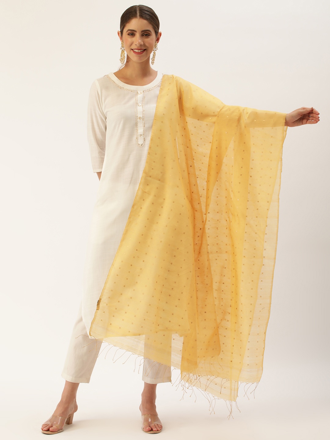 

ArtEastri Ethnic Motifs Woven Design Cotton Silk Dupatta, Beige