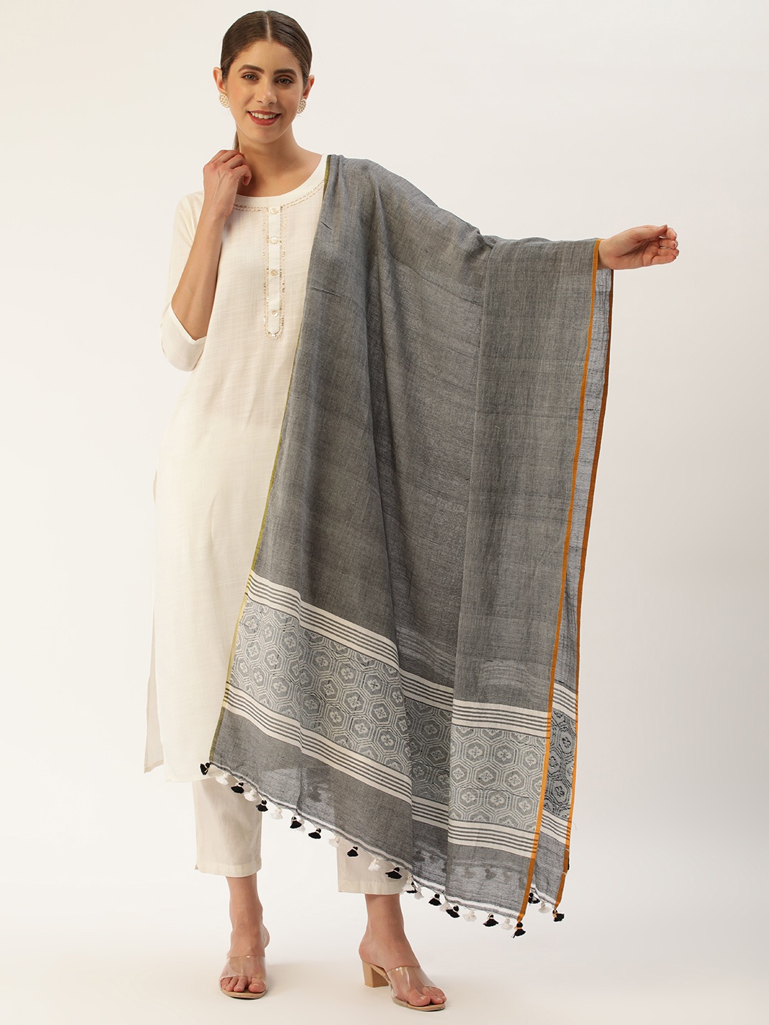 

ArtEastri Ethnic Motifs Woven Design Pure Cotton Dupatta, Grey