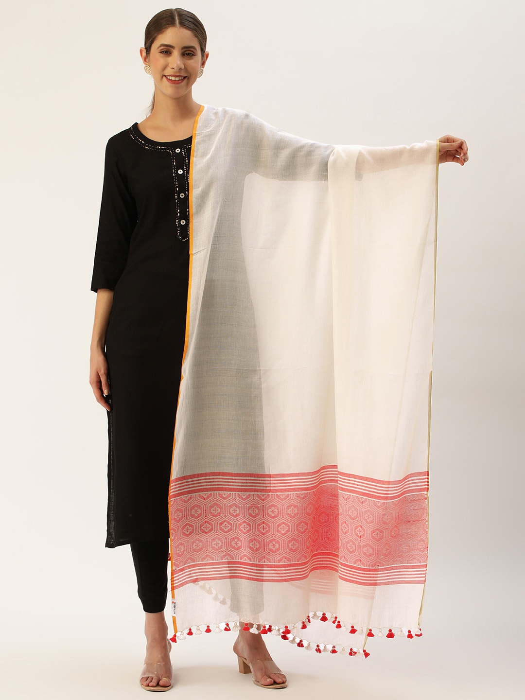 

ArtEastri Ethnic Motifs Woven Design Pure Cotton Dupatta, Cream