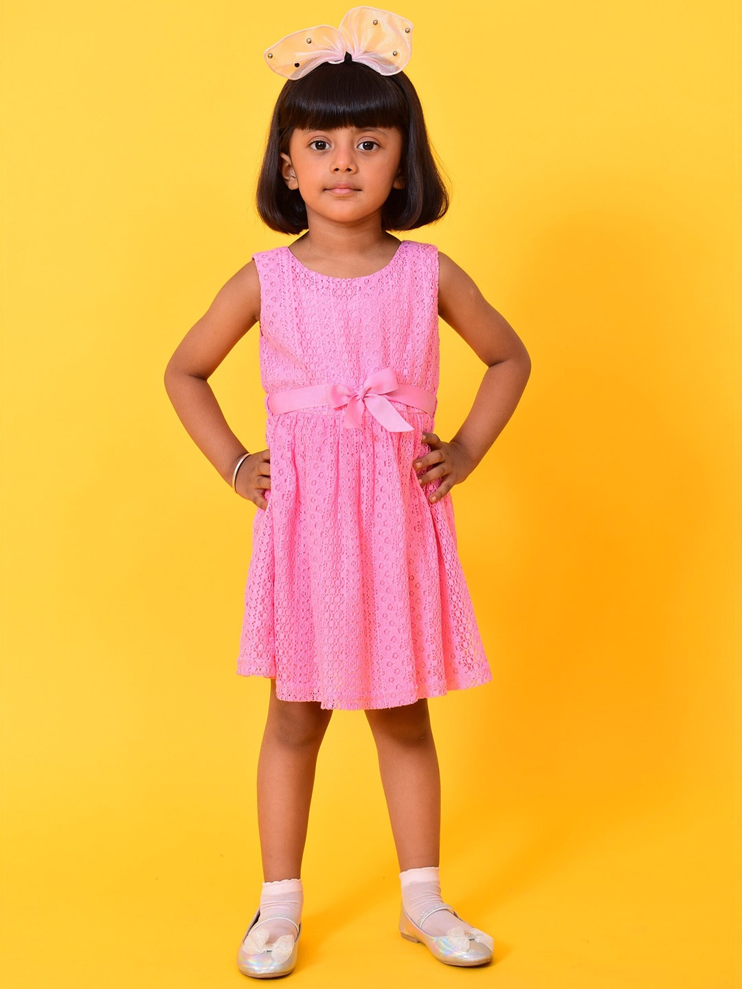 

NUEVOSDAMAS Girls Self Design Lace Fit & Flare Dress, Pink