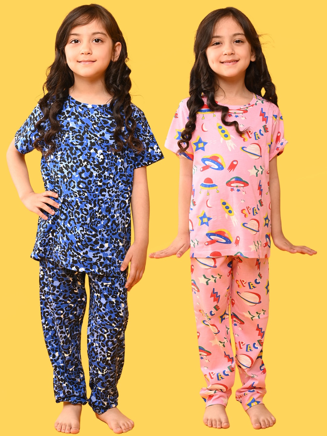 

Anthrilo Girls Pack Of 2 Conversational Printed Pure Cotton Night Suit, Pink