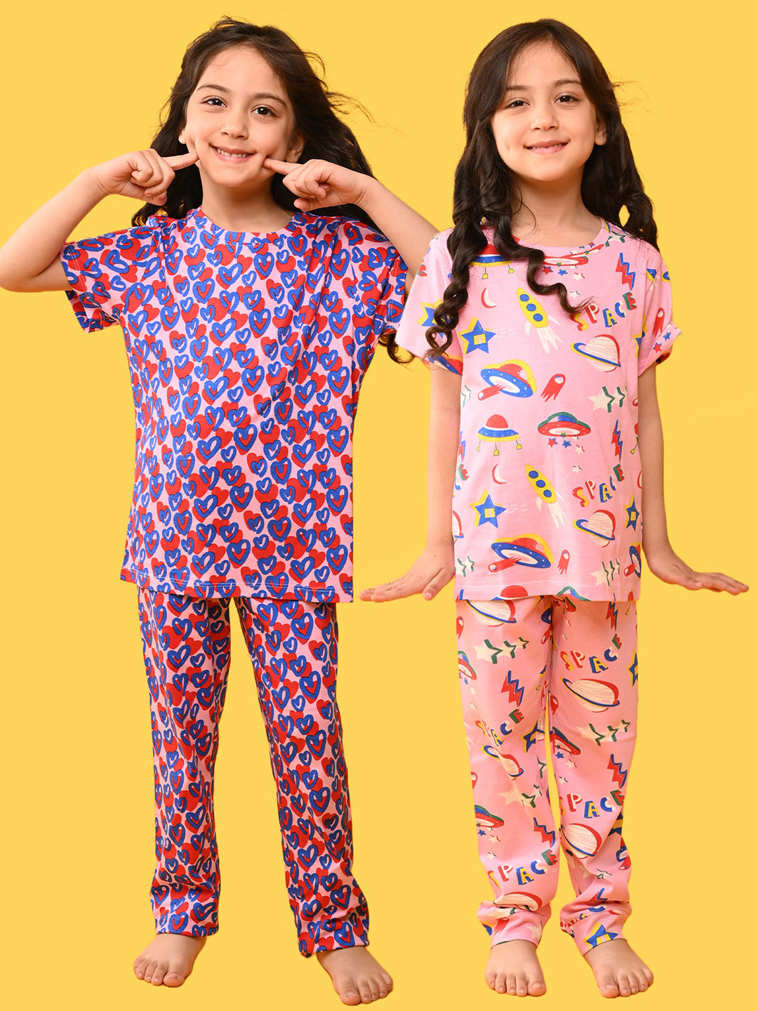 

Anthrilo Girls Pack Of 2 Conversational Printed Pure Cotton Night Suit, Pink