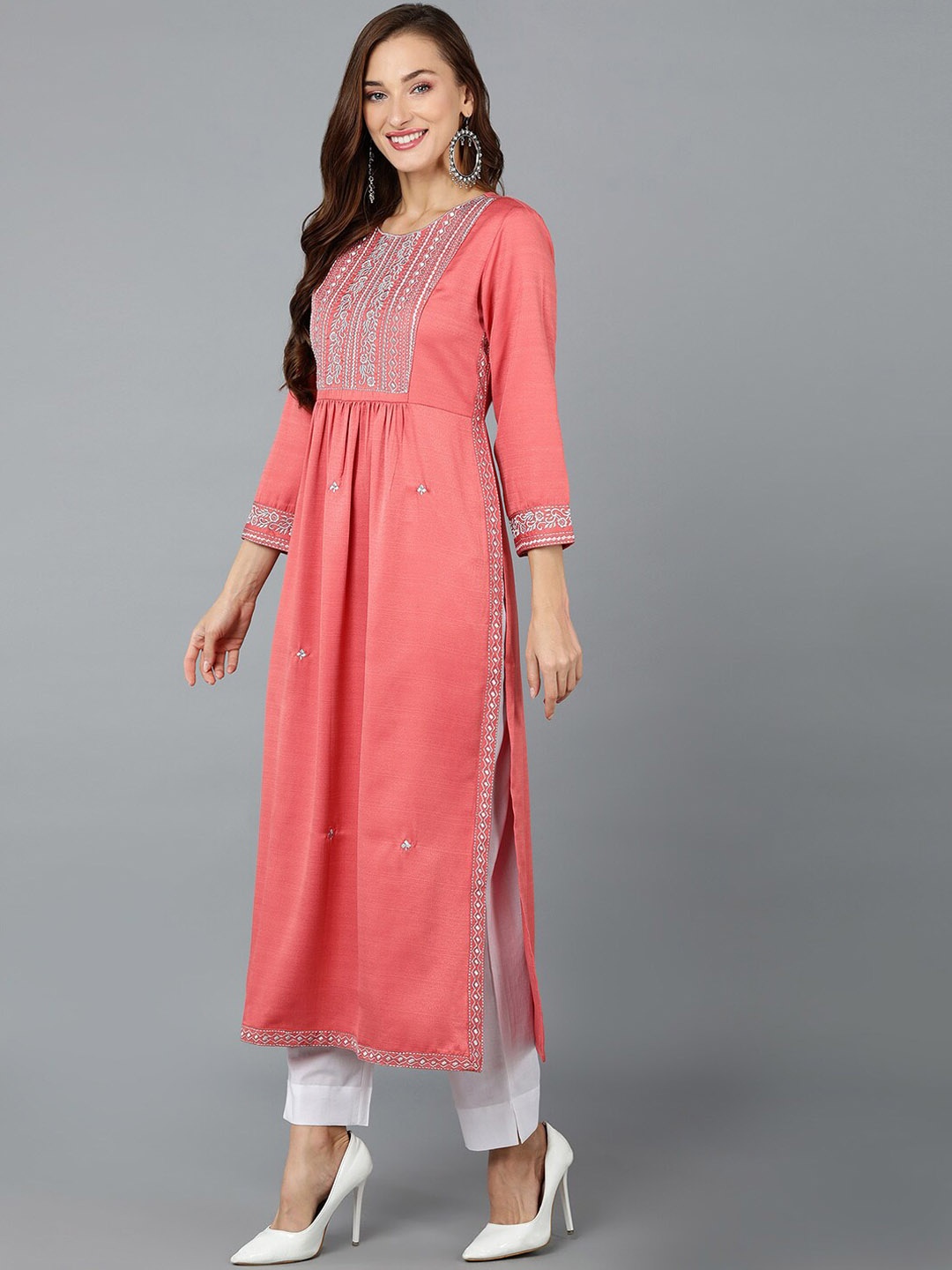 

AHIKA Peach-Coloured & Silver-Toned Ethnic Motifs Embroidered A-Line Kurta