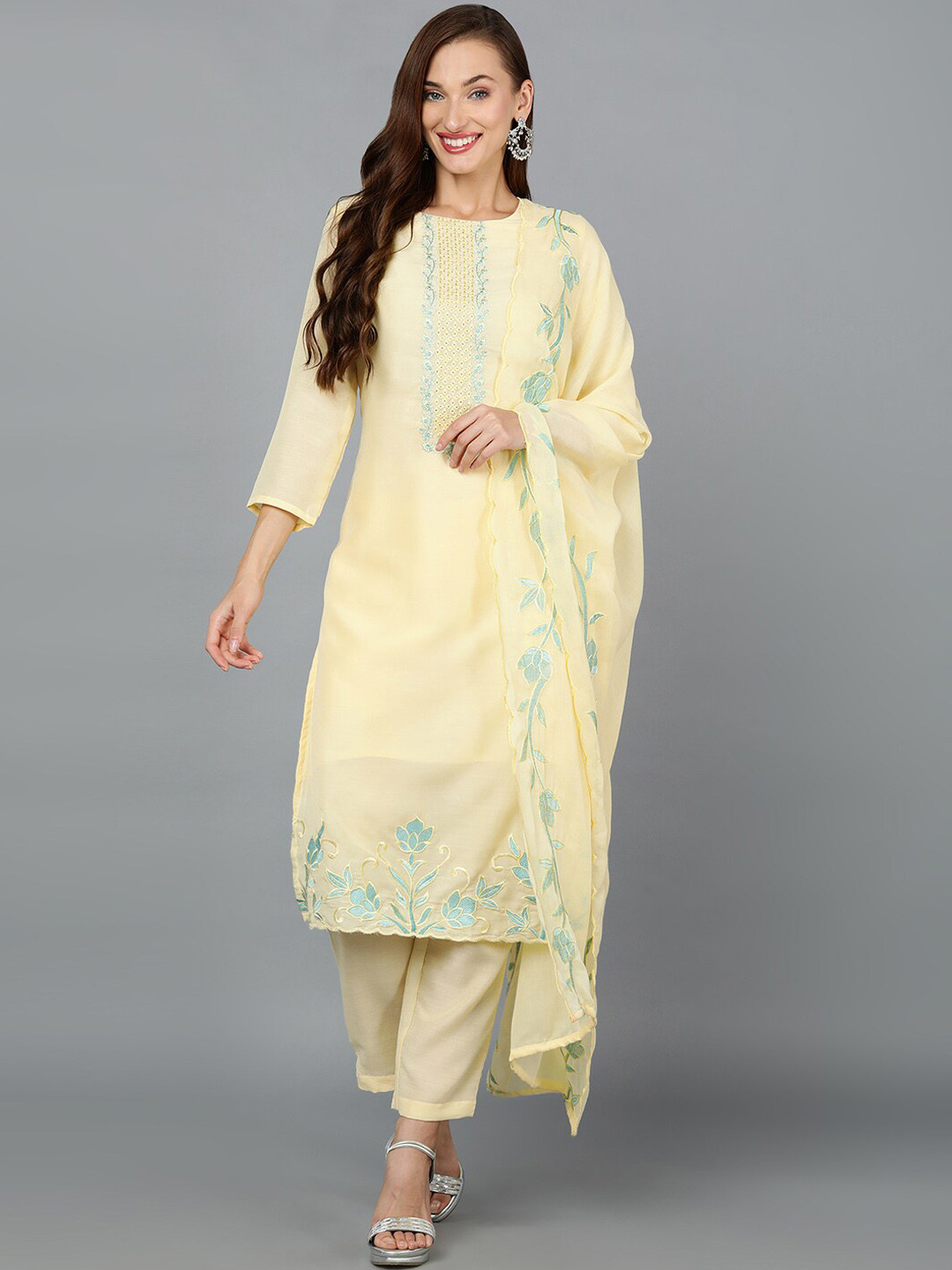 

AHIKA Yellow Embroidered Kurta with Trousers & Dupatta