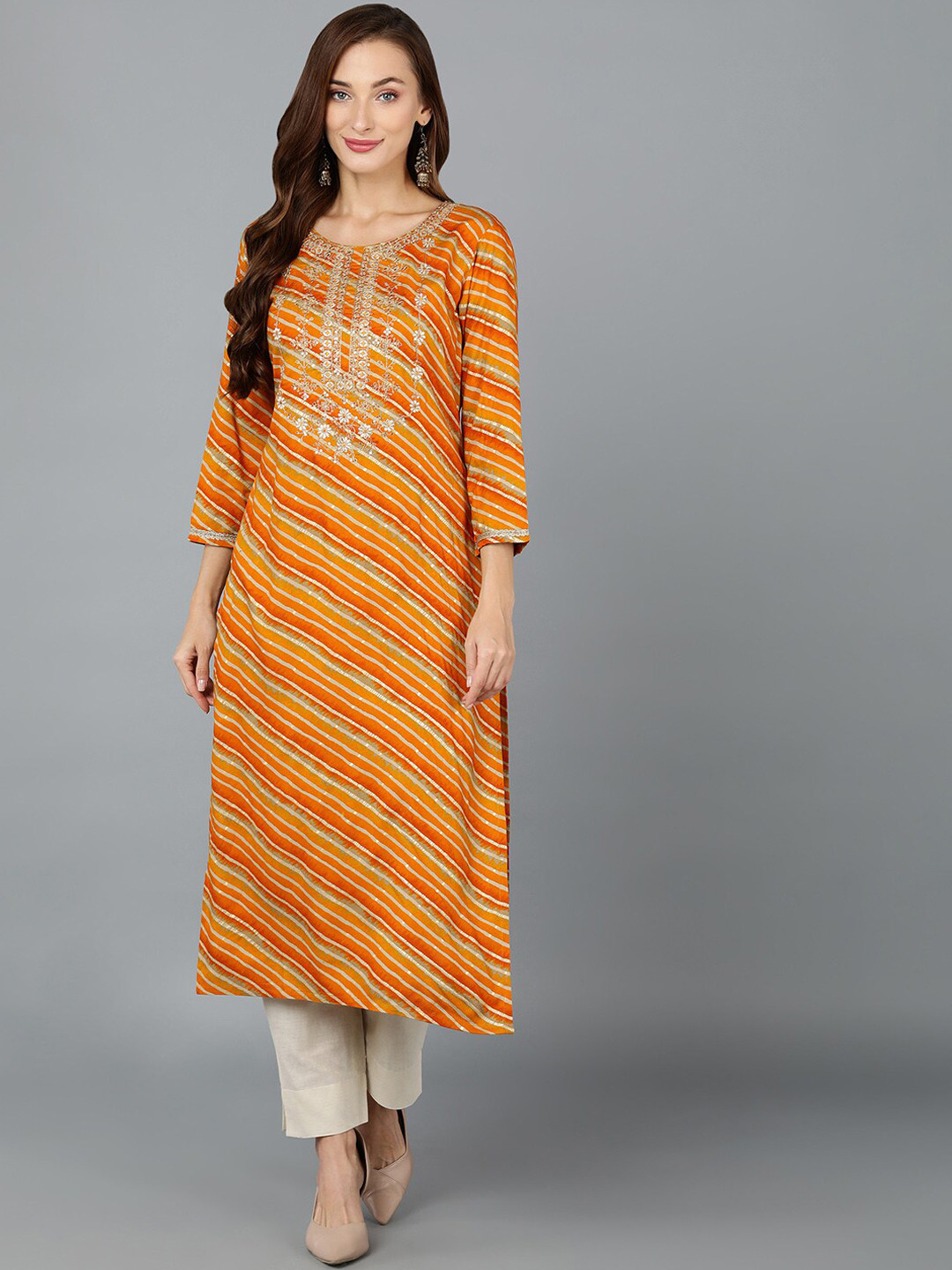 

AHIKA Orange & Gold-Toned Striped Zari Work Straight Kurta