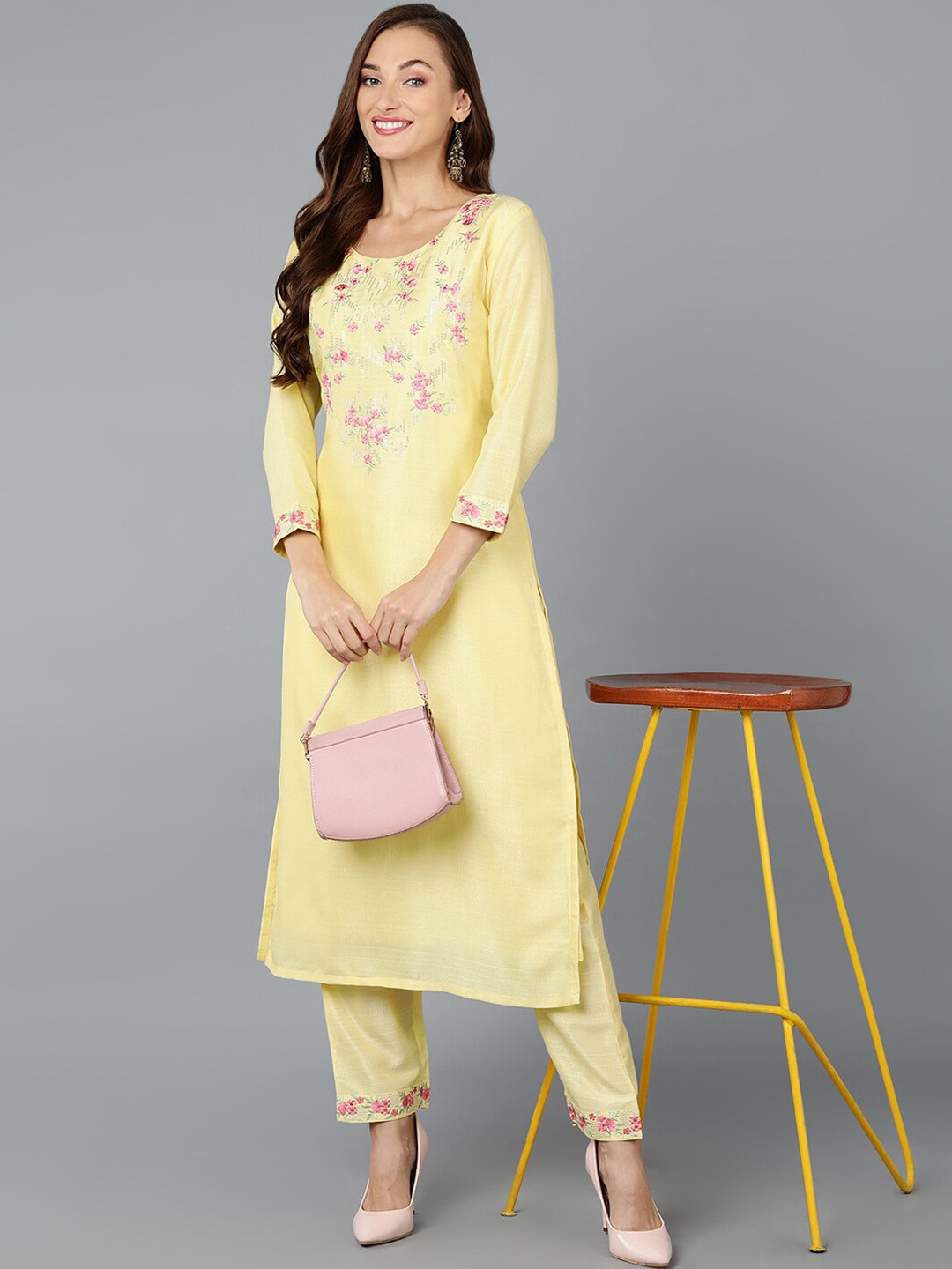 

AHIKA Yellow & Pink Floral Embroidered Sequined Straight Kurta