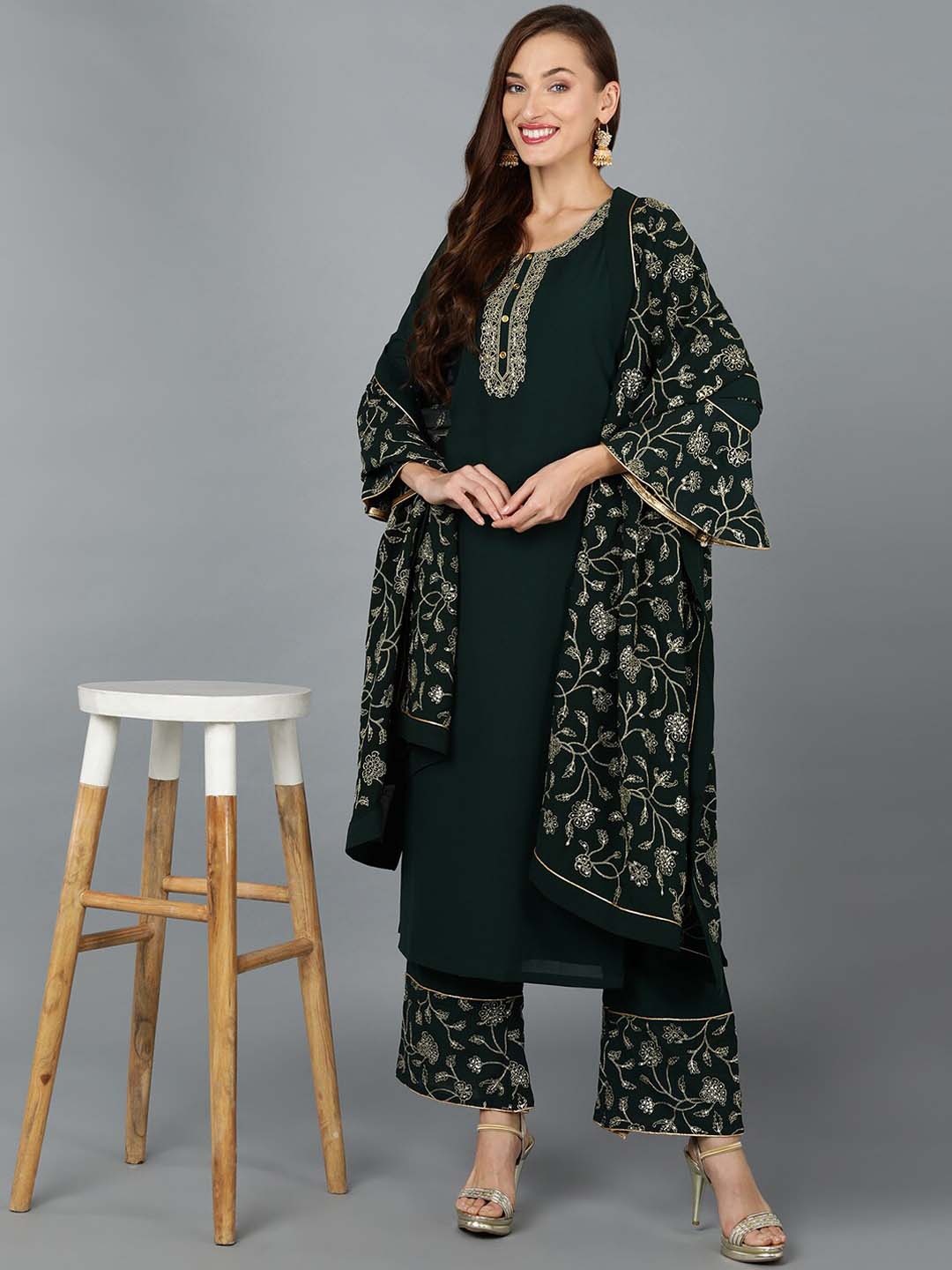 

AHIKA Green Embroidered Zari Sequinned Kurta with Palazzos & Dupatta