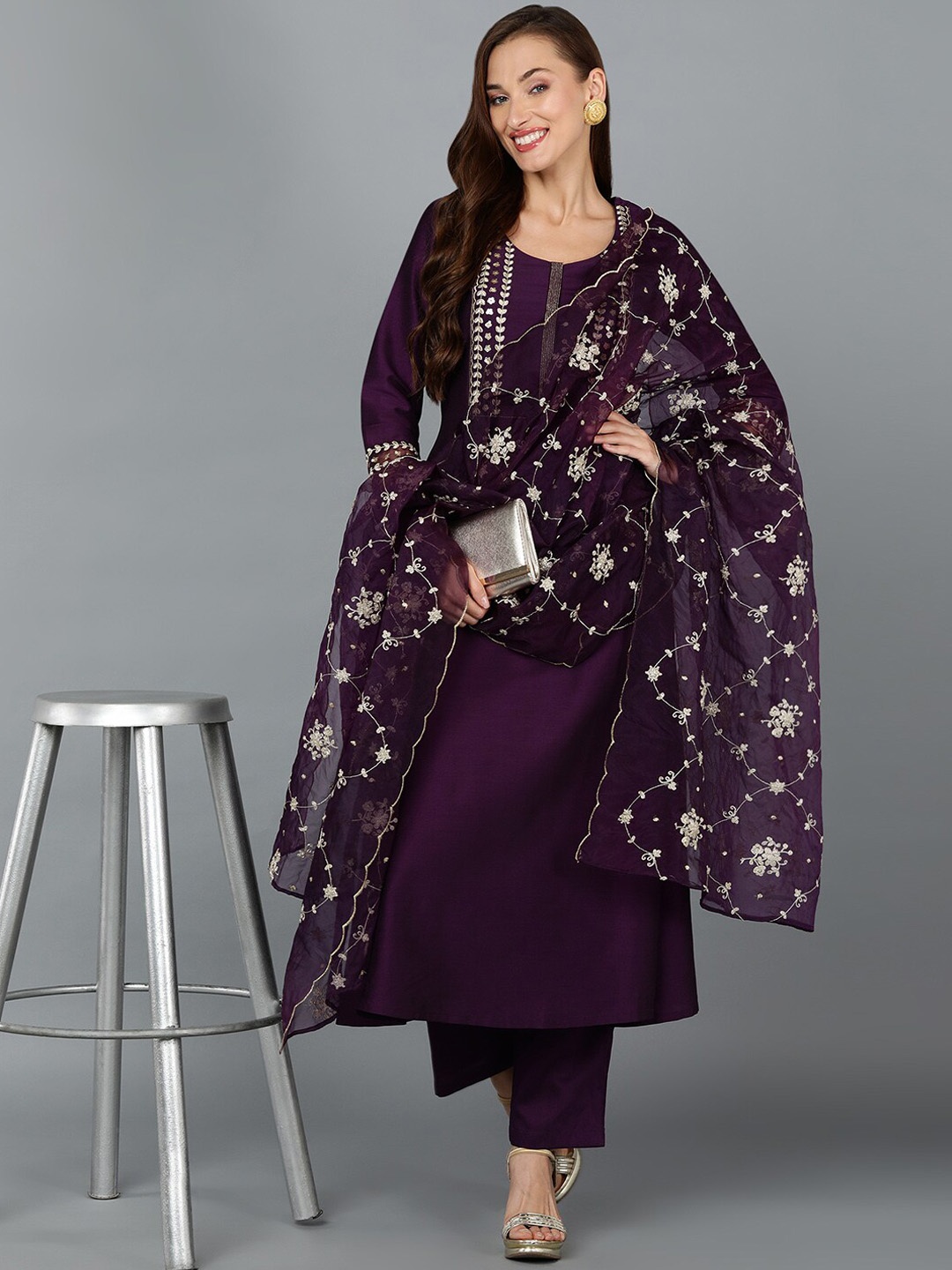 

AHIKA Purple Ethnic Motifs Yoke Design Gotta Patti Sequined Kurta with Trousers & Dupatta