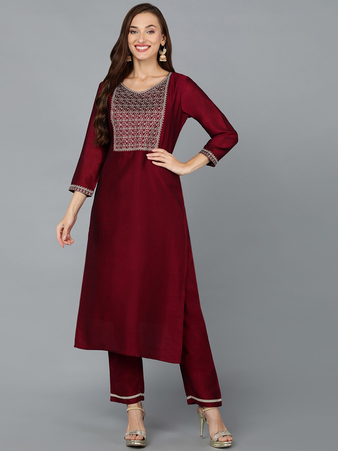 

AHIKA Maroon Ethnic Motifs Embroidered Sequined Straight Kurta