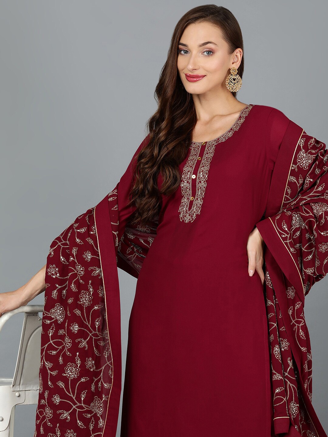 

AHIKA Maroon Ethnic Motifs Yoke Design Zari Sequinned Kurta with Palazzos & Dupatta