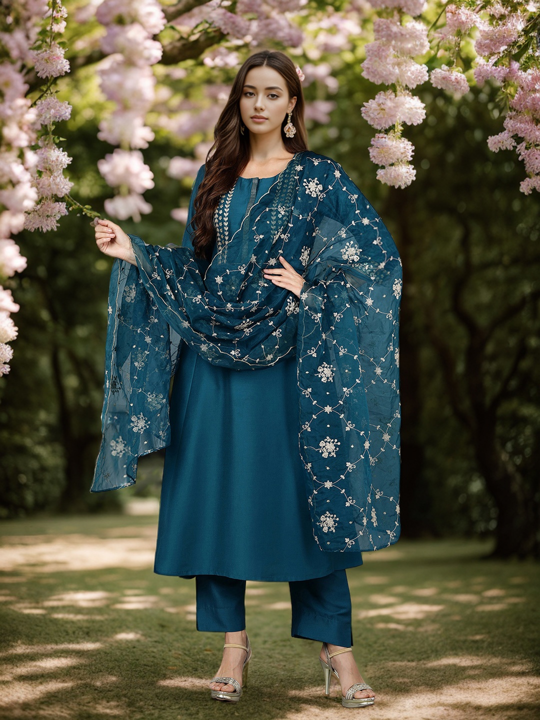 

AHIKA Floral Embroidered Sequinned Kurta with Trousers & With Dupatta, Turquoise blue