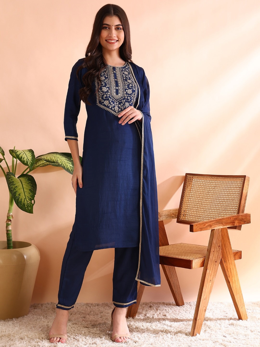 

AHIKA Navy Blue Yoke Design Zari Sequinned Kurta with Trousers & Dupatta