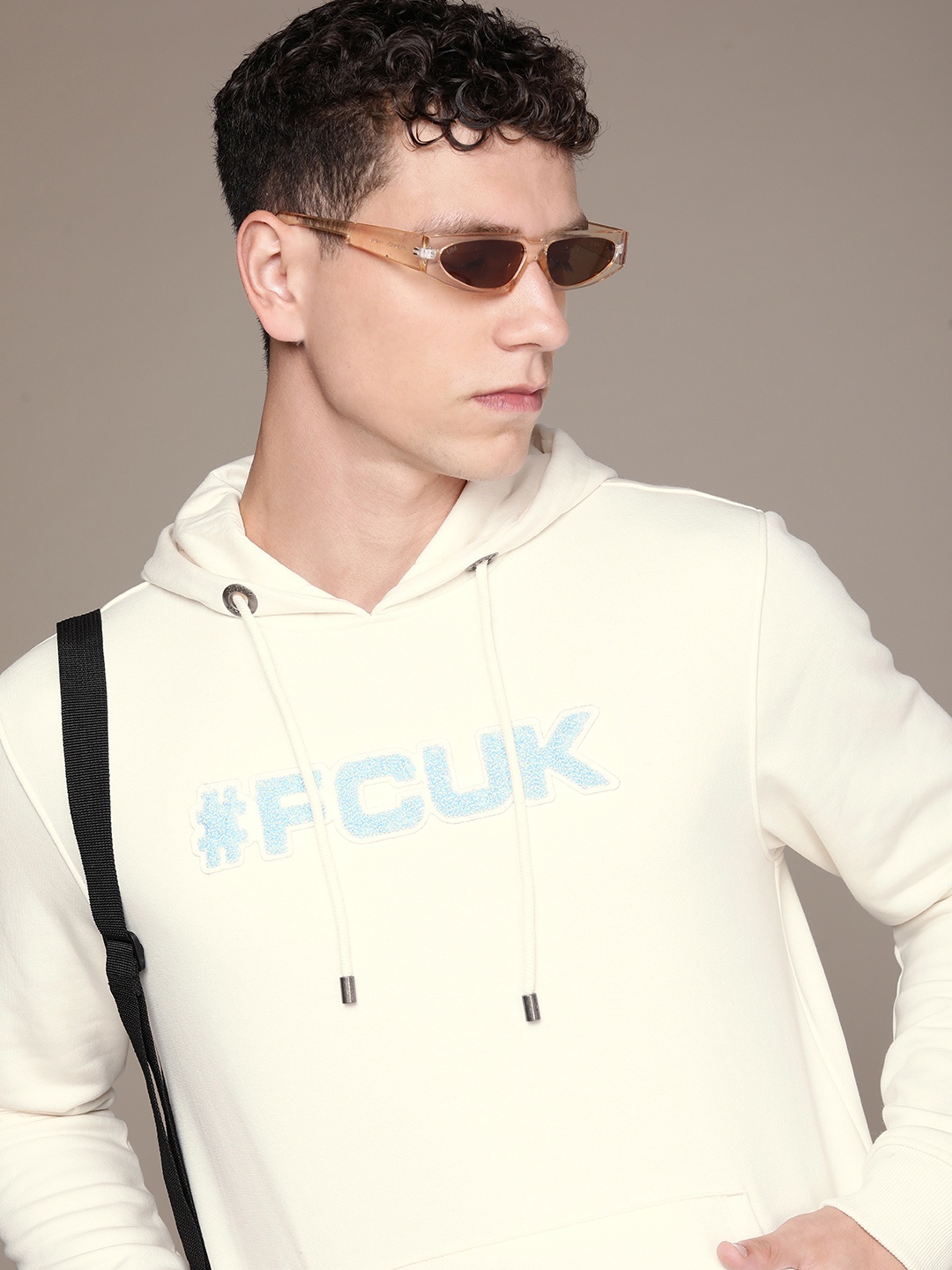 

FCUK Self Design Brand Logo Hooded Sweatshirt, Beige