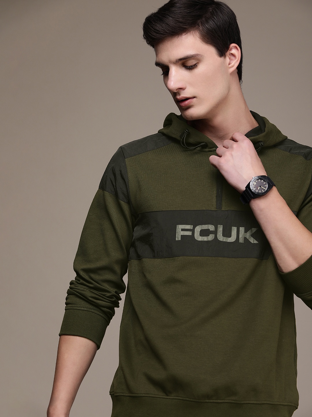 

FCUK Brand Logo Printed & Colourblocked Hooded Sweatshirt, Olive