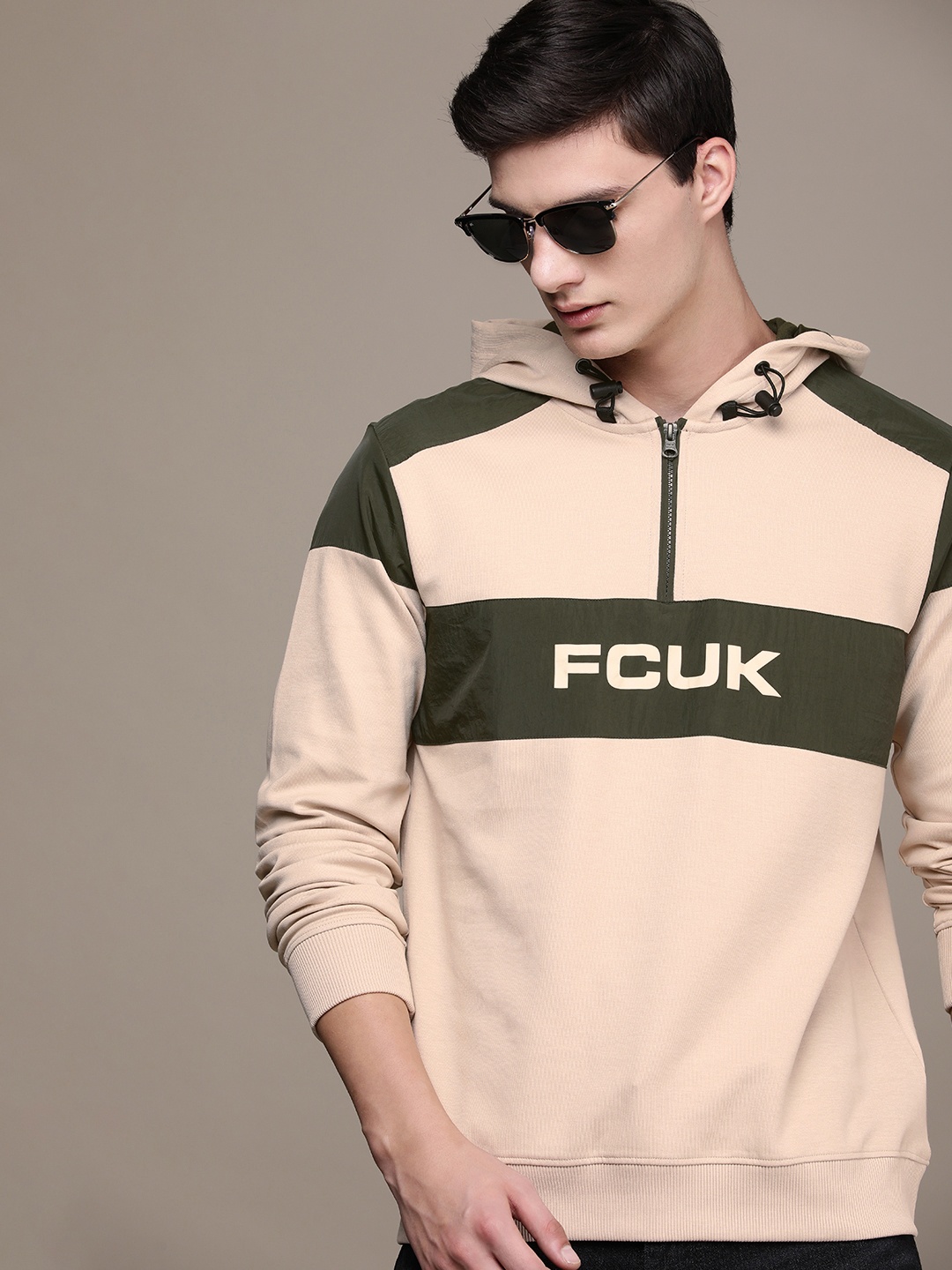 

FCUK Brand Logo Printed & Colourblocked Hooded Sweatshirt, Beige