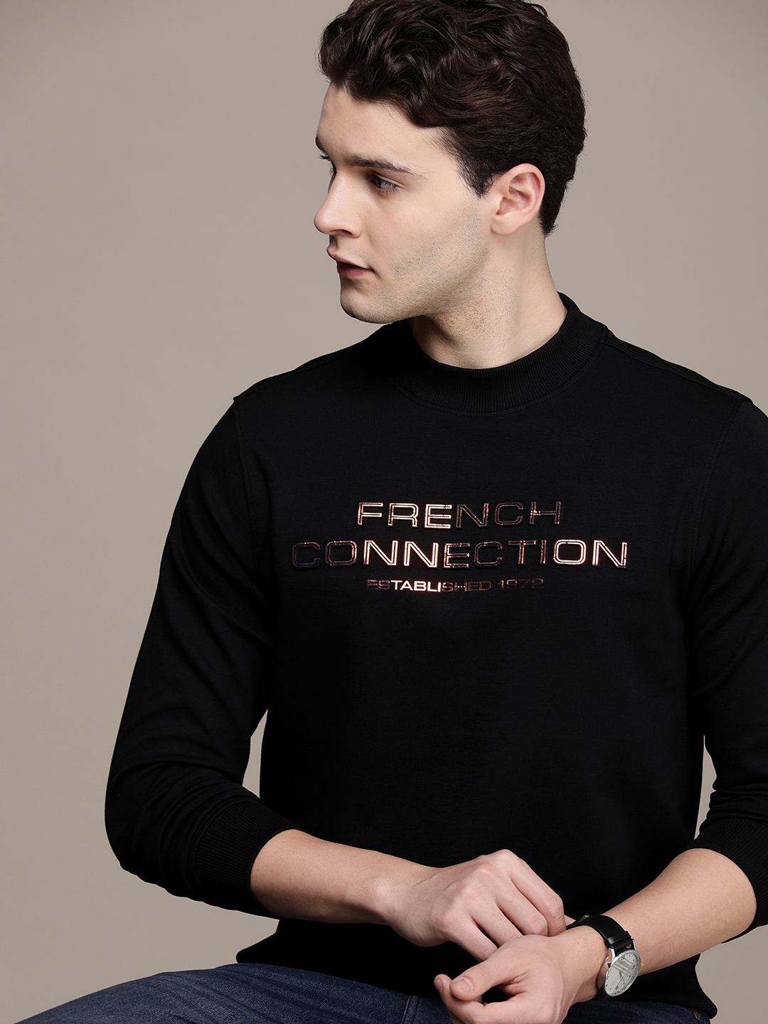 

French Connection Round Neck Brand Logo Embossed Pullover Sweatshirt, Black