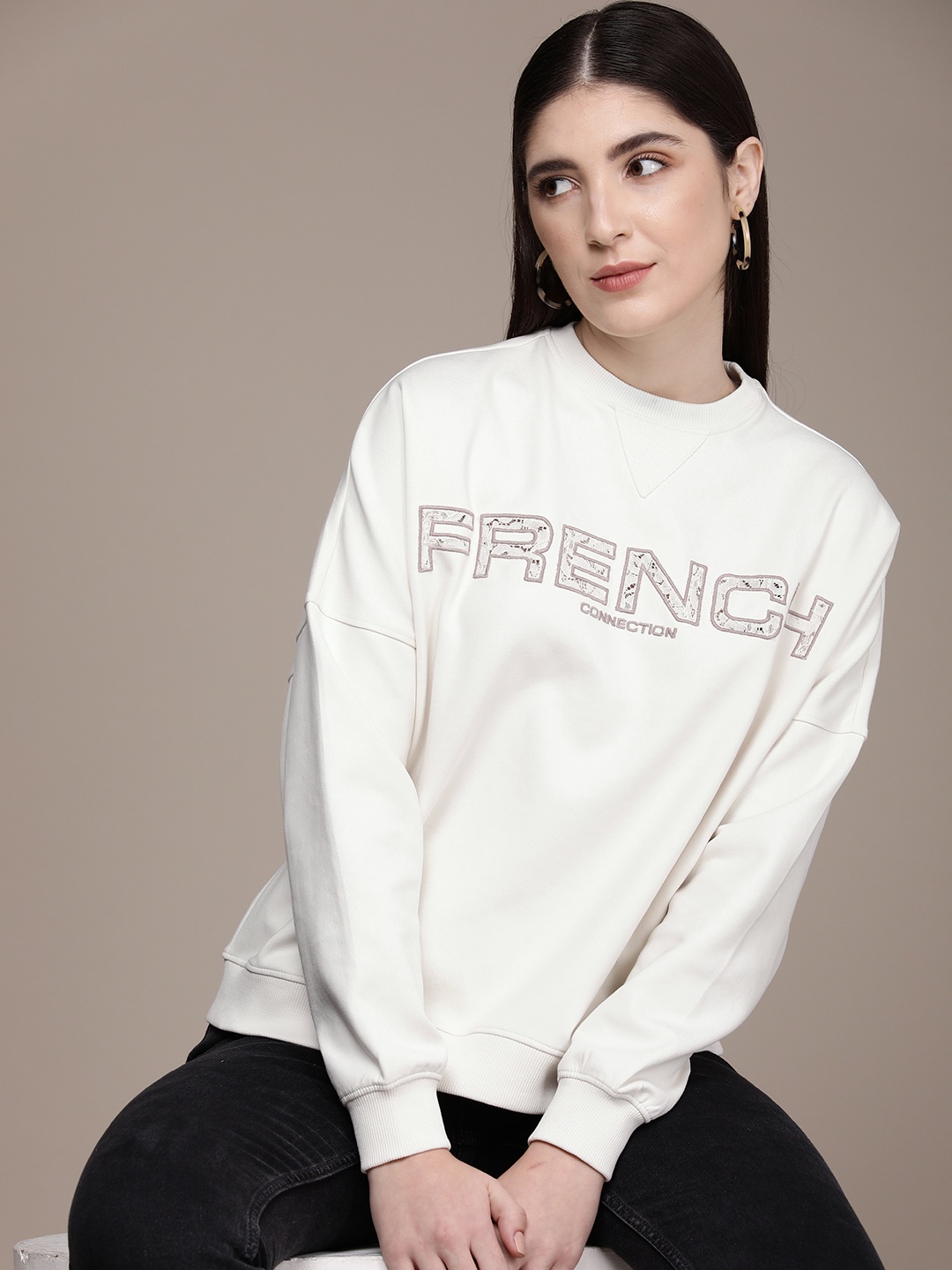French Connection Round Neck Brand Logo Printed Sweatshirt, Off white