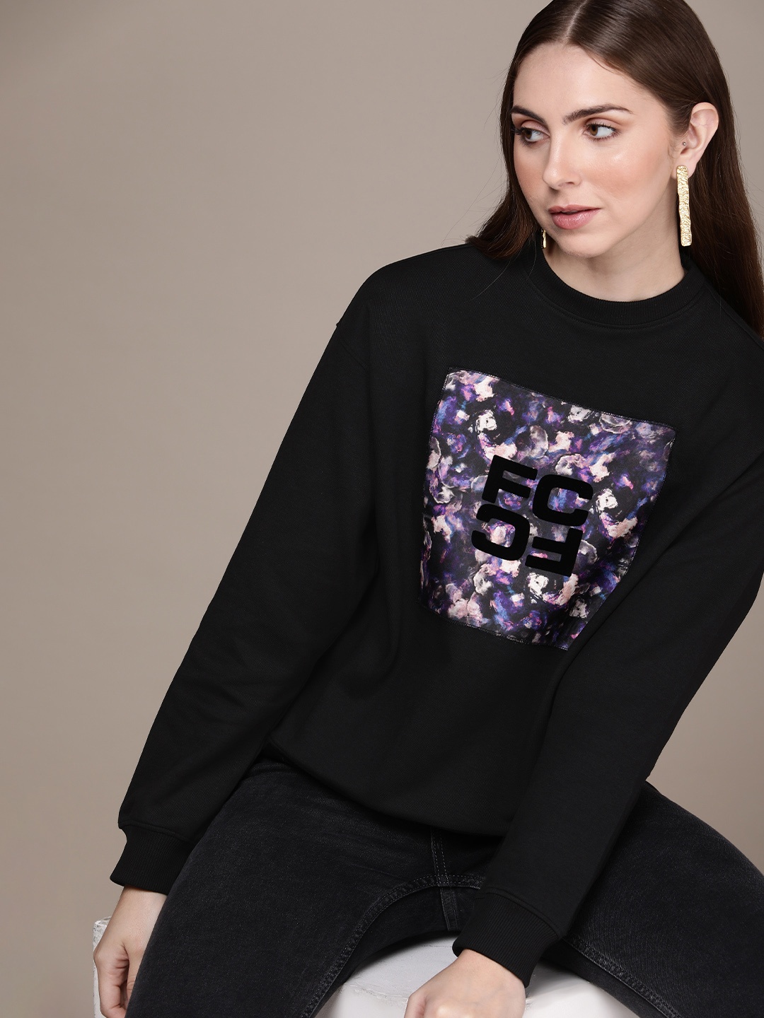 

French Connection Brand Logo Graphic Printed Sweatshirt, Black