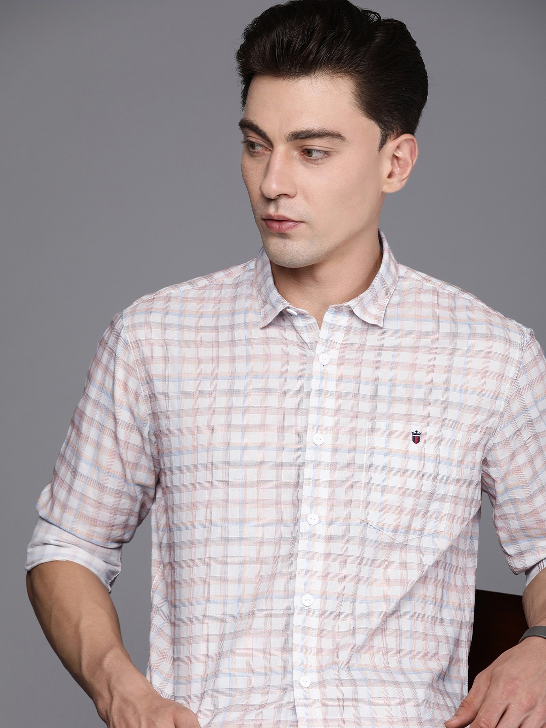 

Louis Philippe Jeans Pure Cotton Slim Fit Checked Casual Shirt, Cream