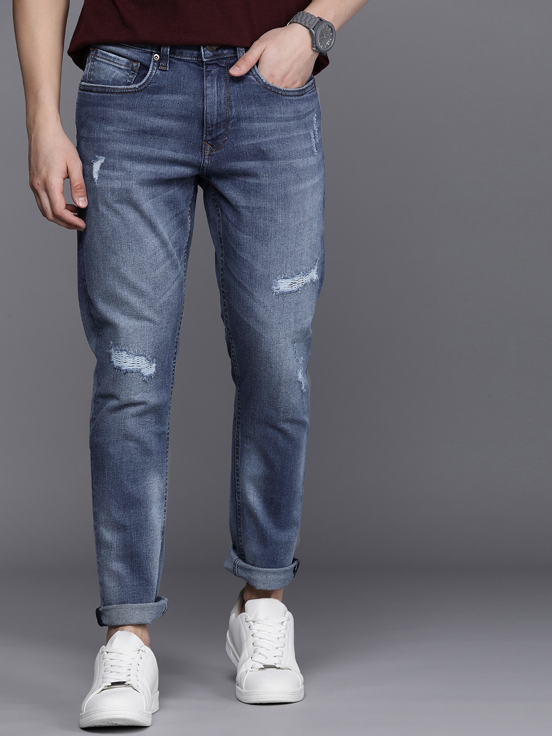 

Louis Philippe Jeans Men Smart Skinny Fit Heavy Fade Stretchable Jeans, Blue
