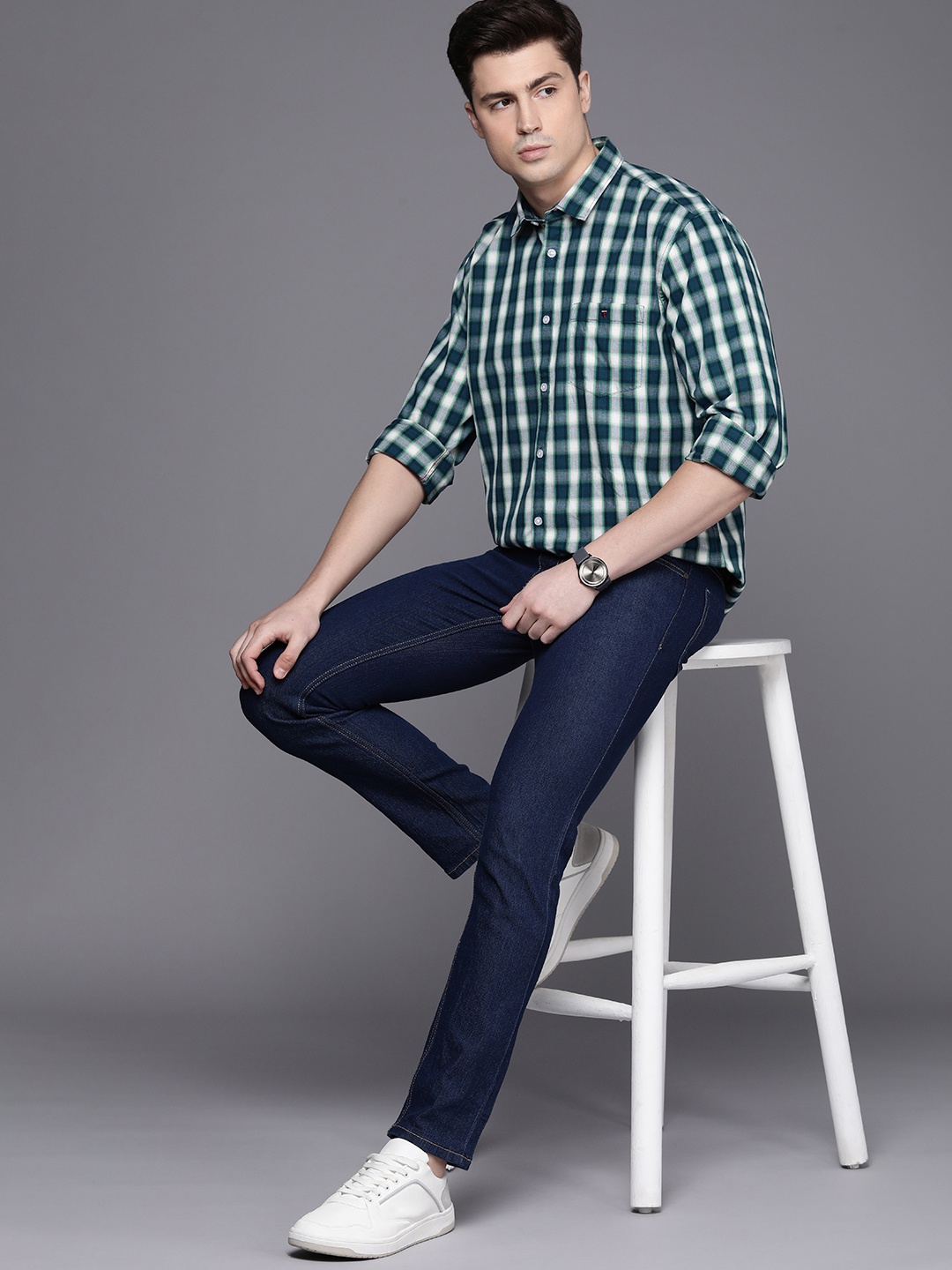 

Louis Philippe Jeans Pure Cotton Slim Fit Buffalo Checked Casual Shirt, Teal