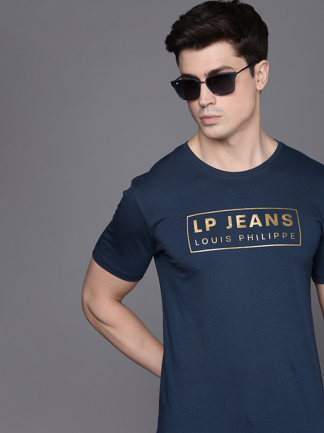

Louis Philippe Jeans Brand Logo Pure Cotton Applique Slim Fit T-shirt, Navy blue