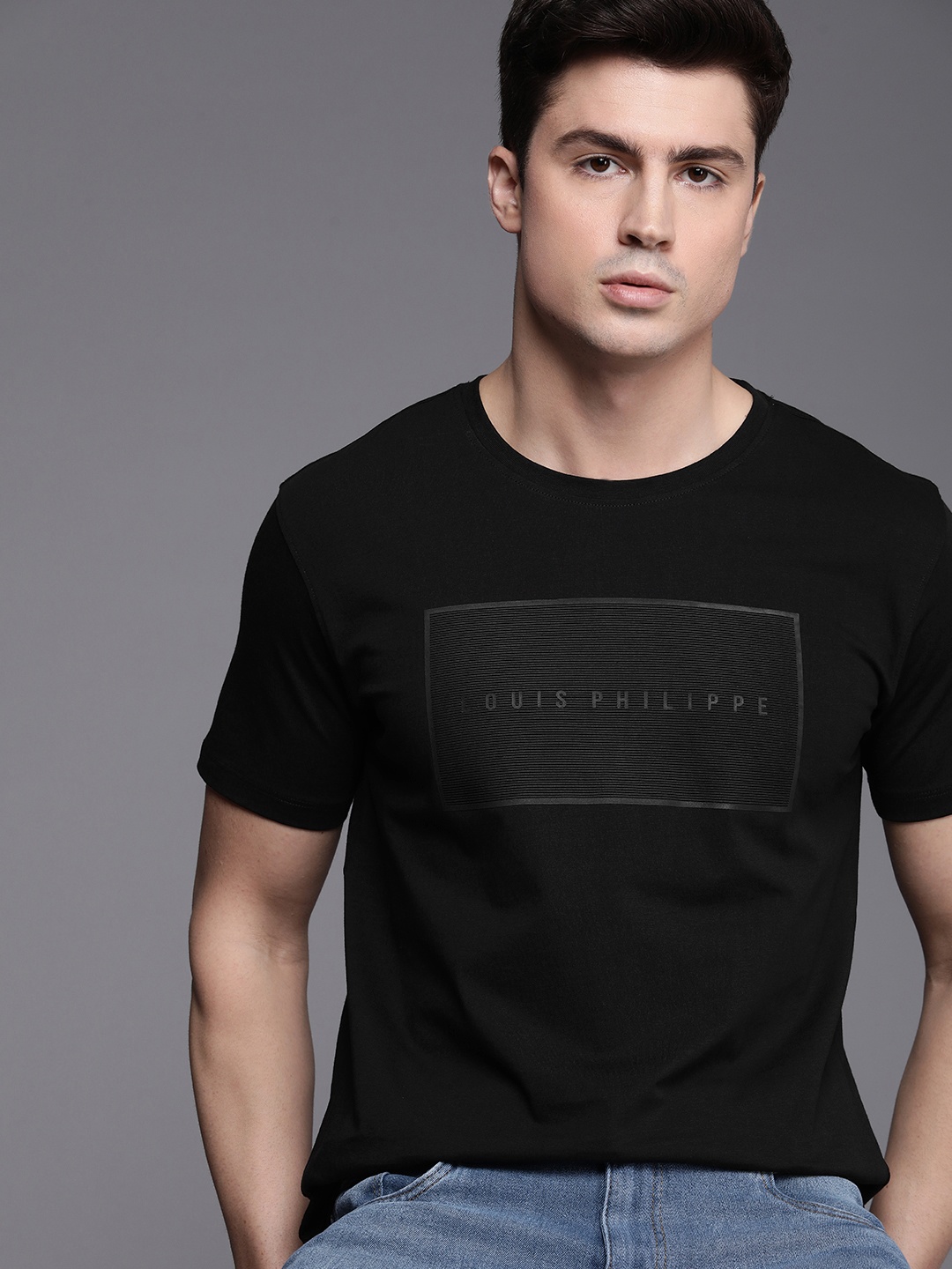 

Louis Philippe Jeans Brand Logo Printed Pure Cotton Applique Slim Fit T-shirt, Black