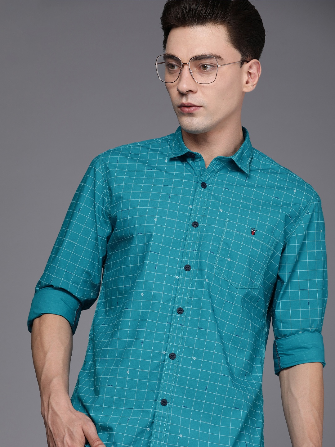 

Louis Philippe Jeans Pure Cotton Slim Fit Grid Tattersall Checked Casual Shirt, Turquoise blue