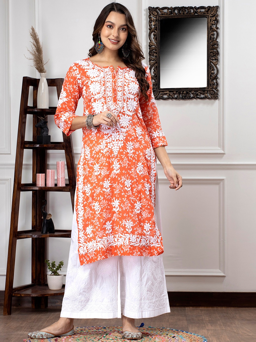 

PARAMOUNT CHIKAN Women Embroidered Lucknowi Chikankari Mulmul Kurta, Orange