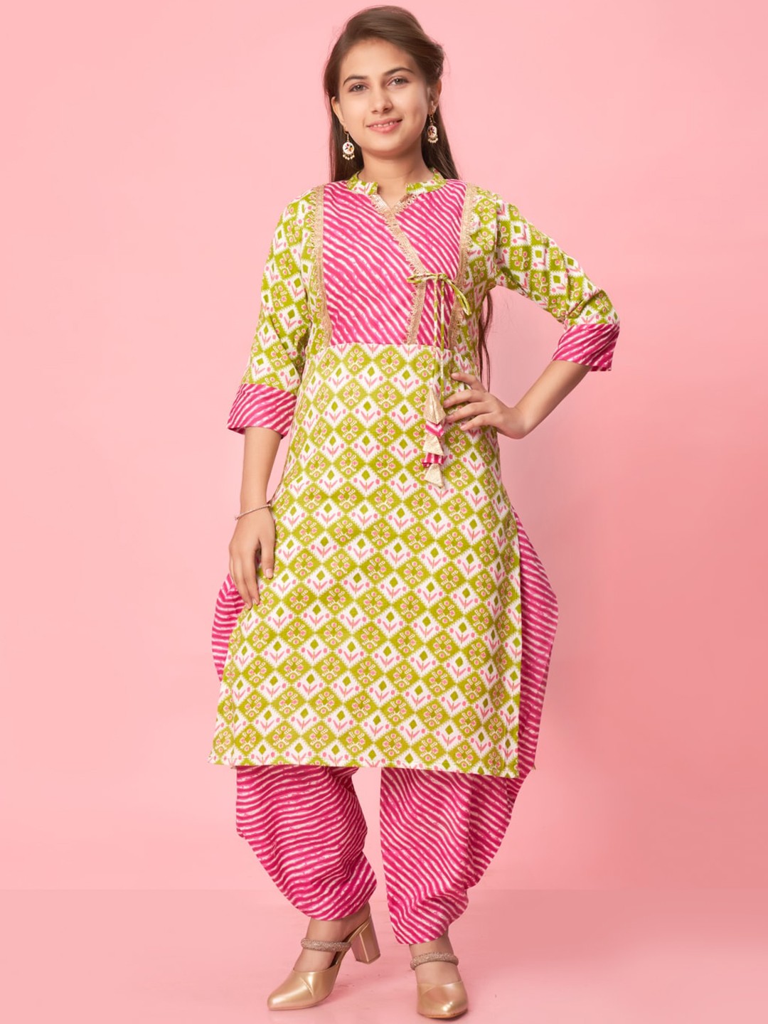 

Aarika Girls Ethnic Motifs Printed Angrakha Pure Cotton Kurta with Salwar, Mustard